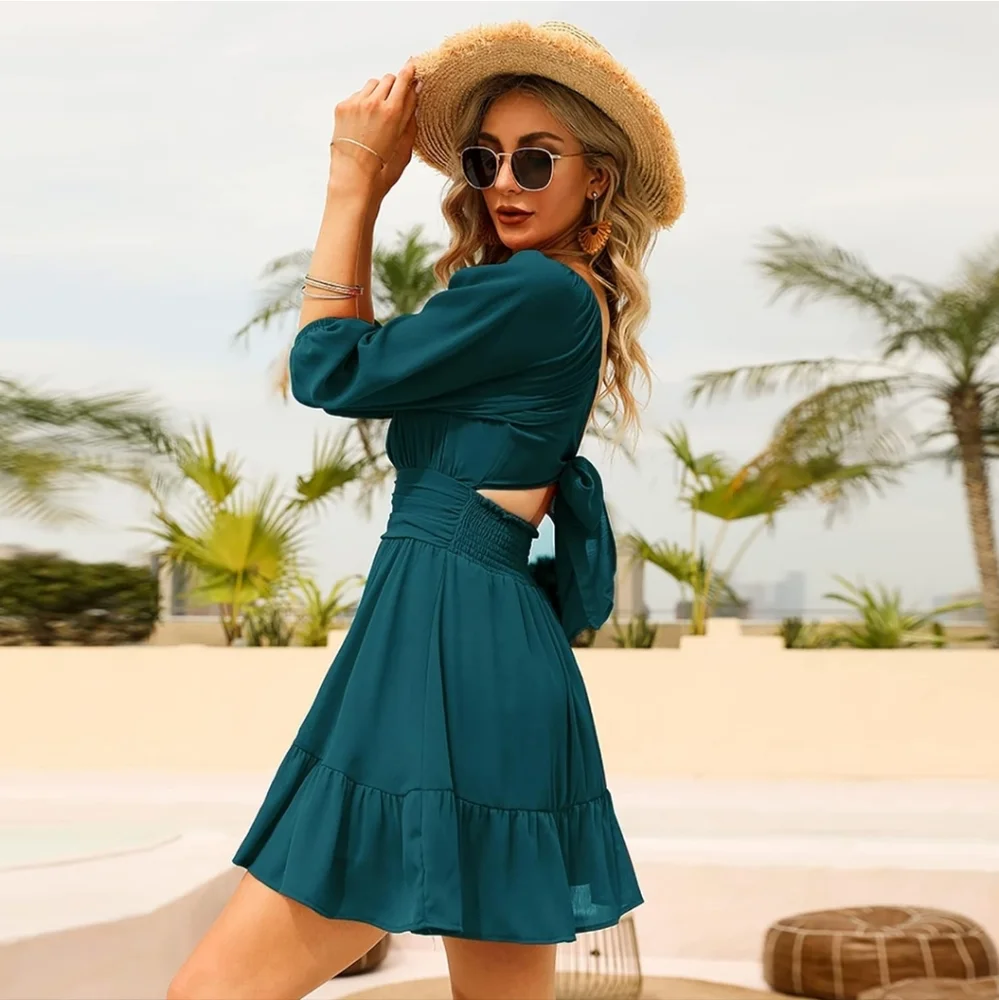 NWT Women's Peacock Blue Boho Ruffle Dress Long Lantern Sleeves Size S - Picture 3 of 15